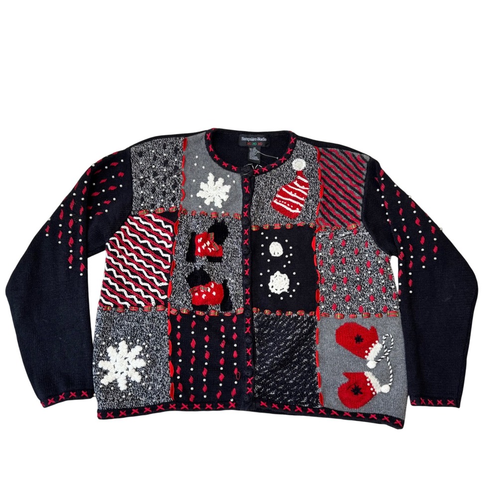 Vintage Christmas Sweater 90s Hampshire Studio Ho Ho Ho 1X  Holiday Cardigan